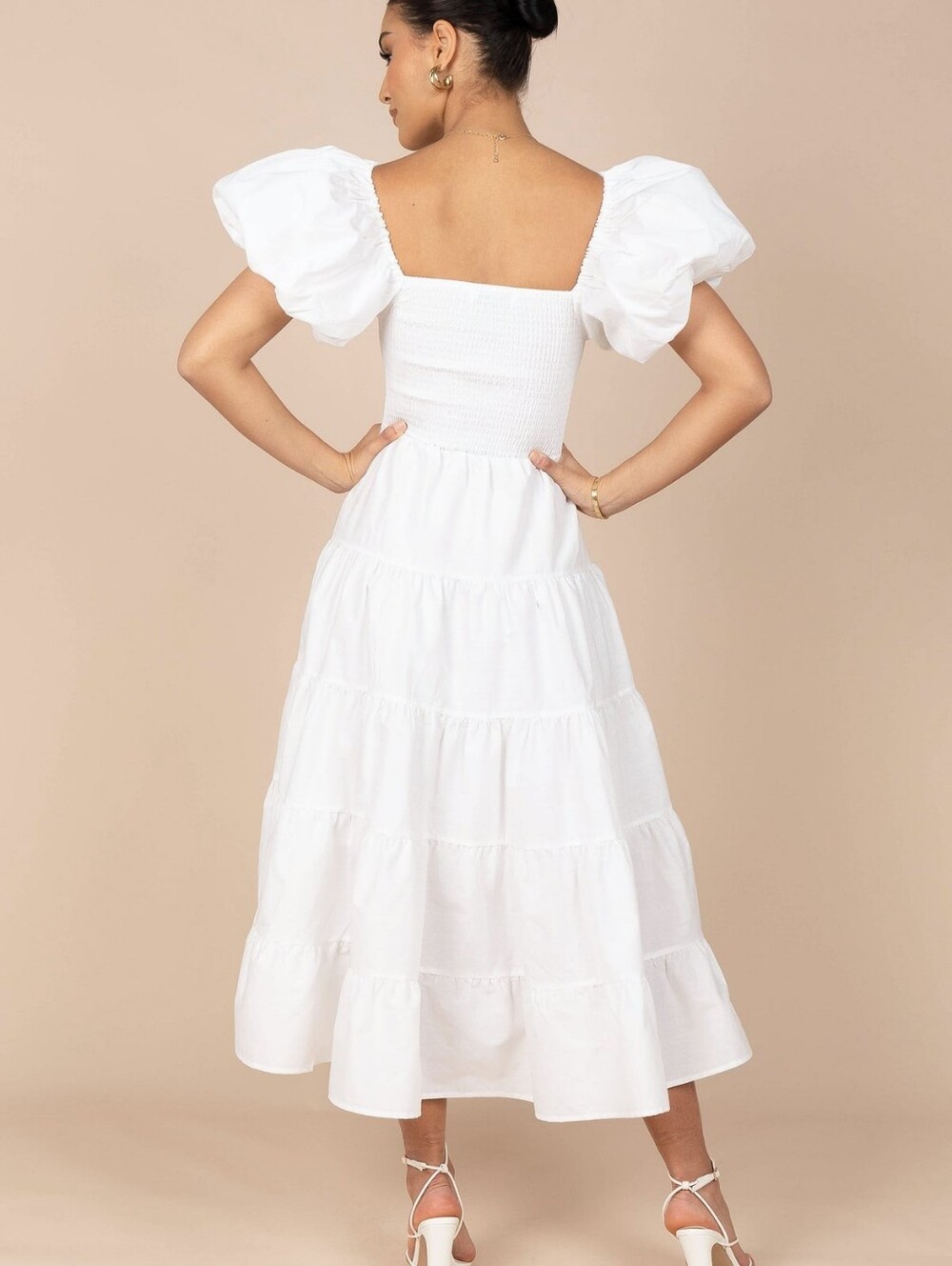 NWT petal & pup Annette Puff White Sleeve Shirred Midi Dress Size S - Picture 5 of 9